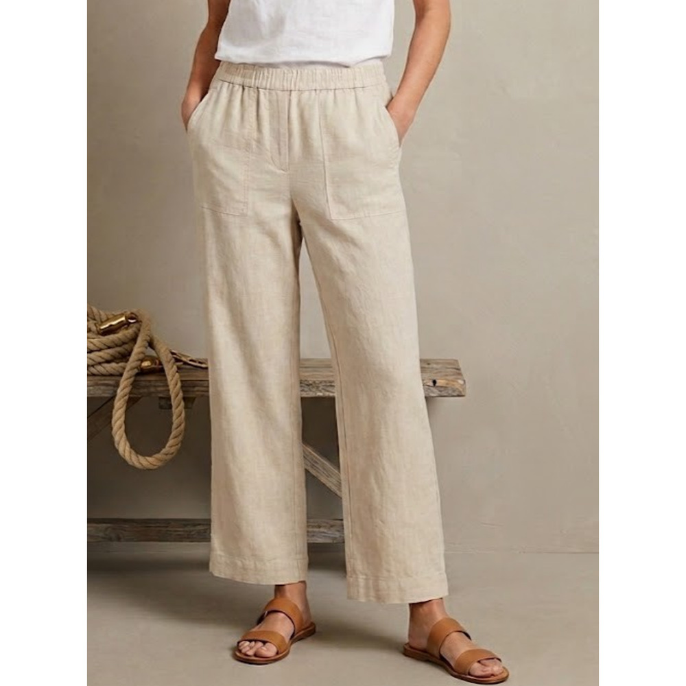 Rafaella Pants Womens Small Beige Classic Linen Blend Wide Leg Coastal Beach